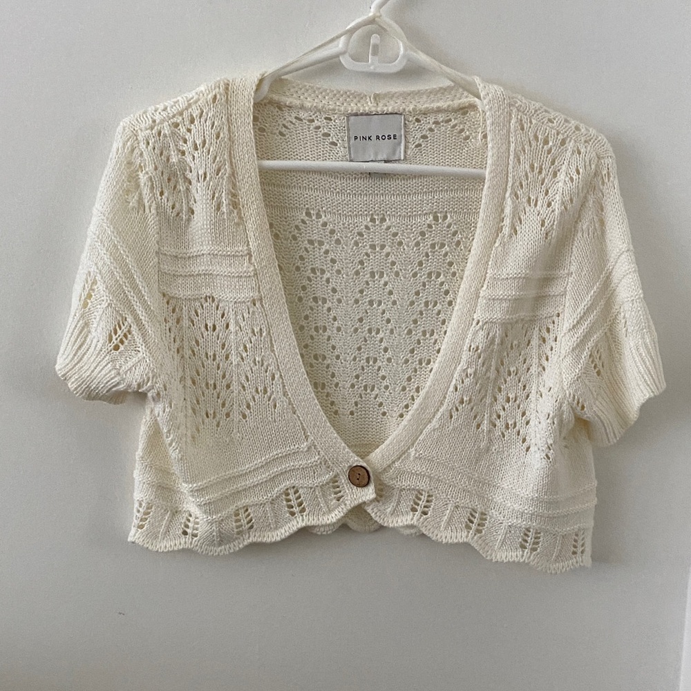 Pink Rose Cream Crochet Short-Sleeve Cardigan